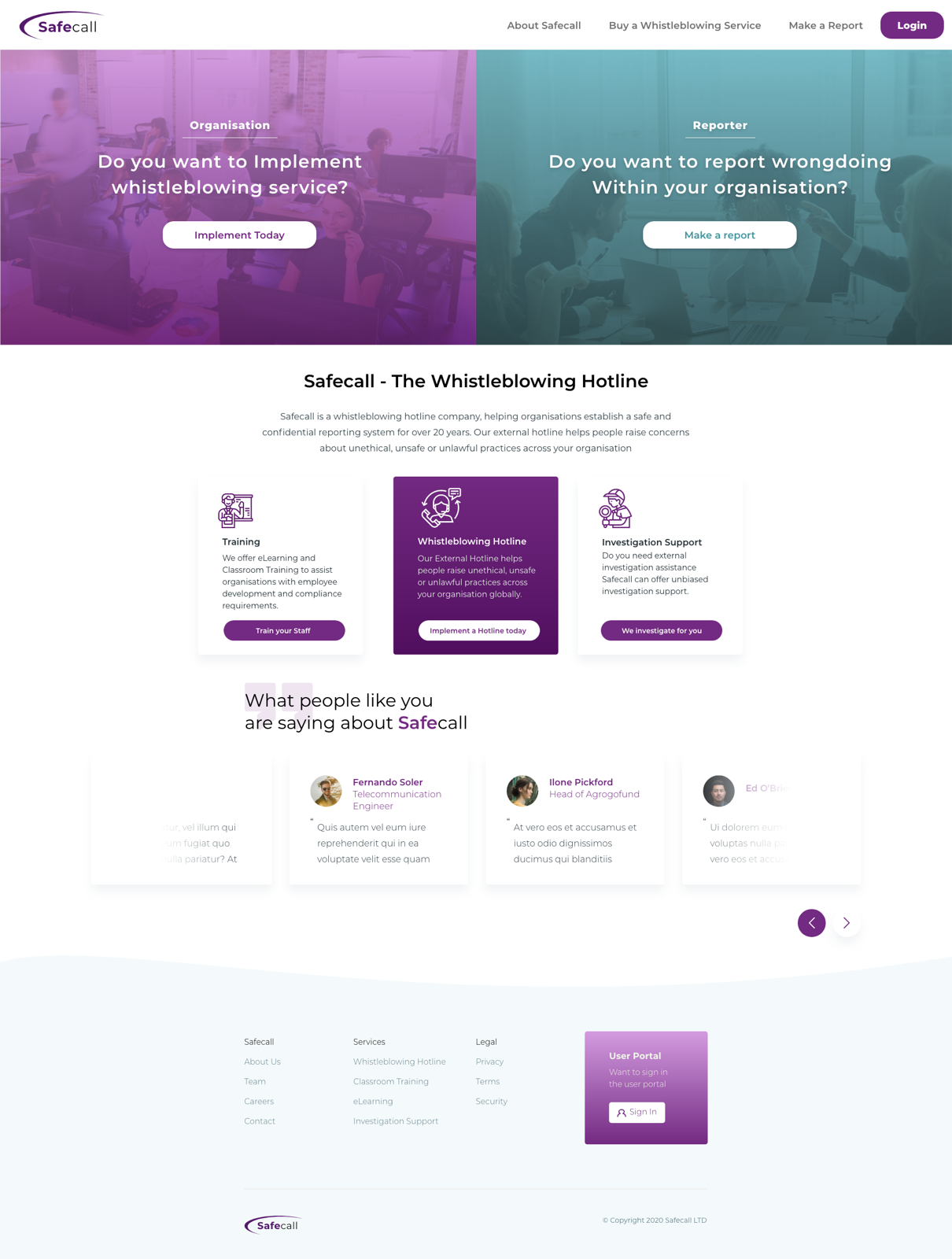 Safecall — homepage redesign mockup